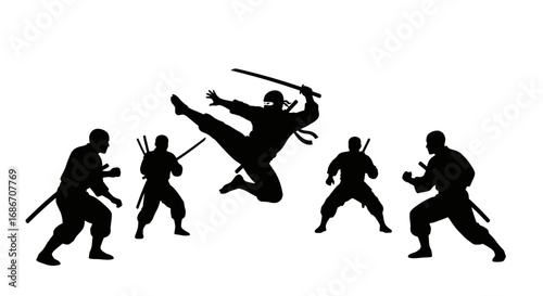 ninjas airborne assault a silhouetted masterclass in martial arts, isolated on transparent background