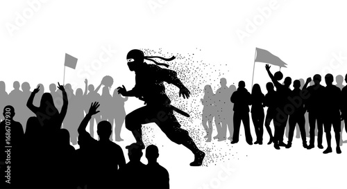 ninjas dissipating escape a shadowy flight through the crowd, isolated on transparent background