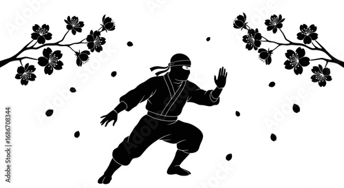 ninjas silent spring a monochrome masterpiece of stealth and serenity, isolated on transparent background