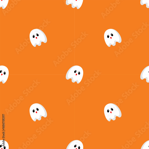 Cute Halloween Ghost Seamless Pattern on Orange Background – Kawaii Spooky Kids Halloween Design