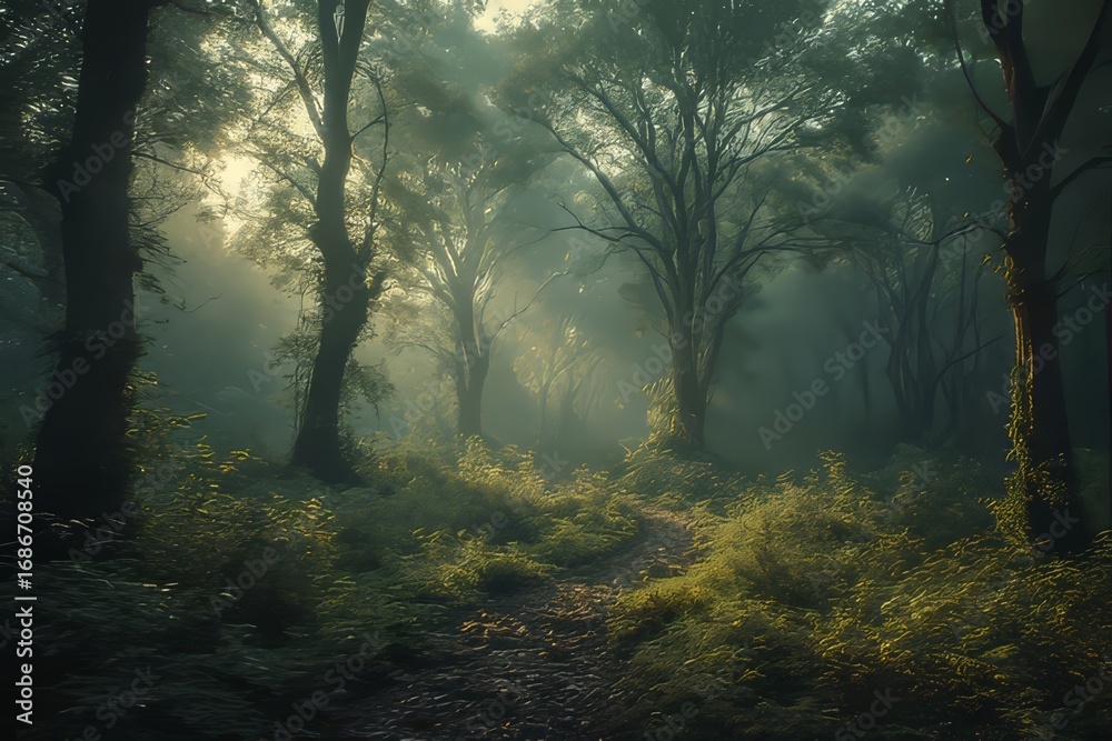 Fototapeta premium Misty Forest Path with Trees