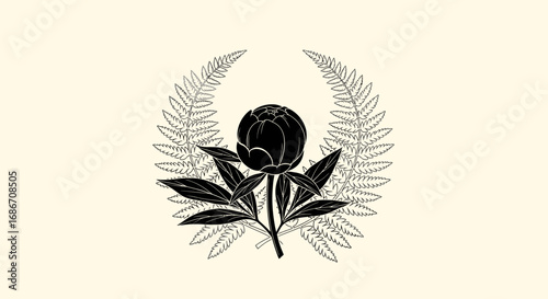 Stylized dark flower bud with botanical fern illustration.