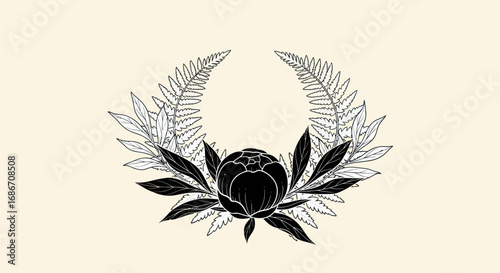 Elegant black peony flower with delicate fern wreath illustration.