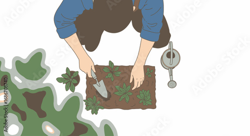 overhead view gardeners hands cultivating new life in a small garden plot, isolated on transparent background