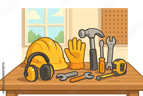 Construction tools and safety equipment on a workbench. Vector illustration of a handyman or carpenter set with hard hat, hammer, wrench, and tape measure for DIY or repair.