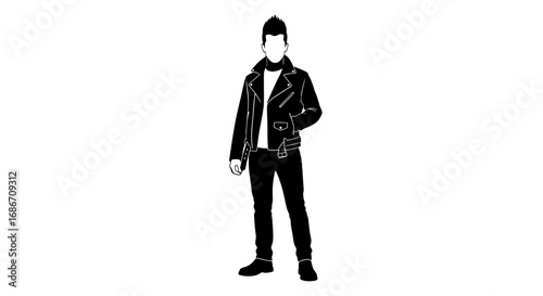 rebellious spirit a black and white silhouette of a 50s rocker, isolated on transparent background
