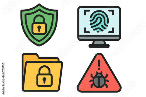 Cyber security icon set. Data protection, privacy, and antivirus concepts. Fingerprint scan for biometric authentication. Malware, bug, and virus warning sign. Vector icons.