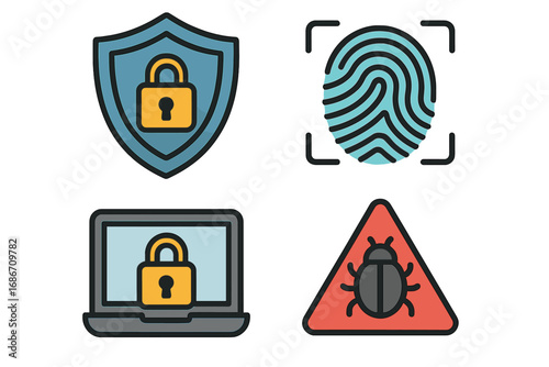 Cybersecurity icon set for data protection and internet safety. Fingerprint authentication, secure login, antivirus shield, and malware warning bug symbol. Vector privacy concept.