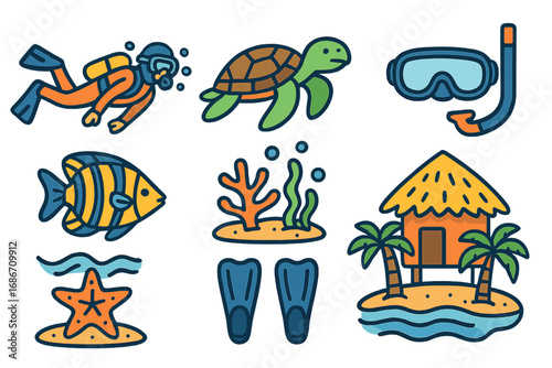 Scuba diving and snorkeling icon set. Underwater exploration symbols of ocean life. Vector cartoon illustration for tropical beach resort, summer vacation and sea activities.