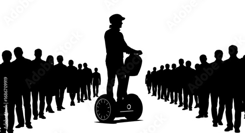 segway silhouette leading the crowd, future forward, isolated on transparent background