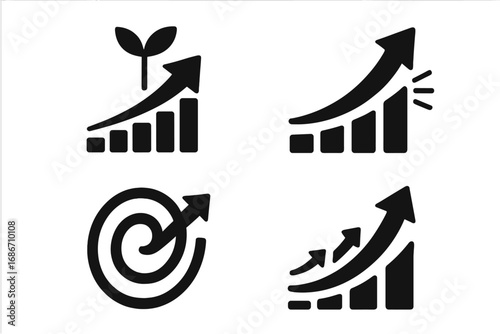 Growth icon set. Arrow graph up. Business success concept. Financial increase chart. Progress marketing symbol. Target goal achievement. Investment income diagram. Vector pictogram