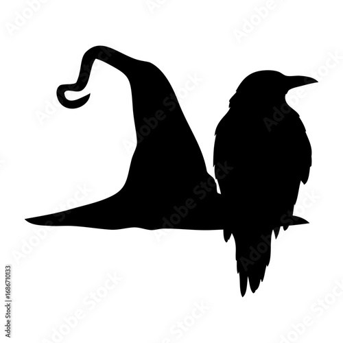 Logo con silueta de cuervo negro en sombrero de bruja para su uso en invitaciones y tarjetas de Halloween