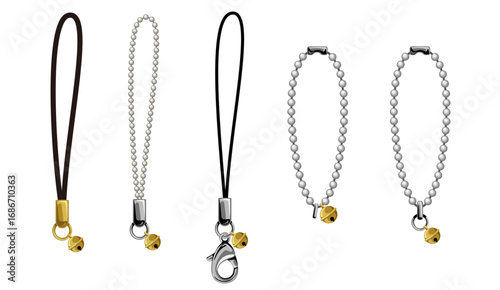 鈴付きストラップ形状バリエーションセット｜アクセサリーパーツベクター素材(Set of Strap Variations with Bells｜Accessory Parts Vector Illustration)
