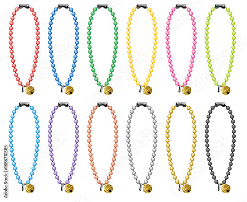 鈴付きボールチェーンのベクターアイコンセット｜カラフルでシンプルな金具パーツイラスト(Colorful Vector Icon Set of Ball Chains with Bells｜Simple Metal Parts Illustration)
