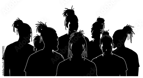 silhouette of unity eight individuals with dreadlocks in monochrome, isolated on transparent background