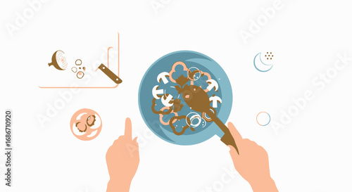 simple cooking mushrooms and onions sizzle in pan, isolated on transparent background