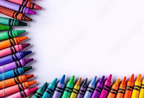 Colorful crayons neatly arranged along the top and bottom of a white surface, creating a vibrant and inviting border