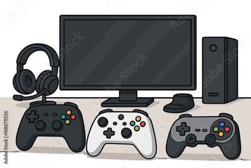 Gaming setup vector illustration. Gamer workstation with computer monitor, PC, controllers, and headset. Video game equipment for entertainment. Esports concept with joystick and gamepad.