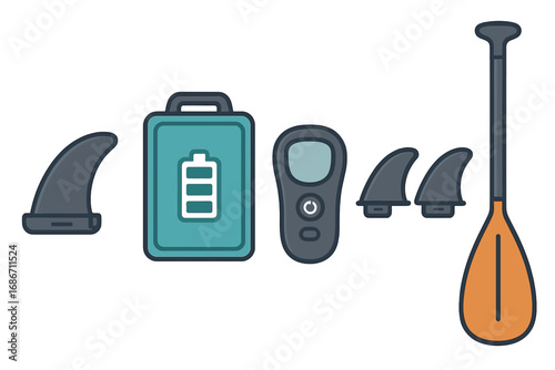 Set of electric surfboard accessories. E-foil and hydrofoil equipment with battery, controller, and fins. Stand up paddleboard gear. Water sport vector cartoon illustration.