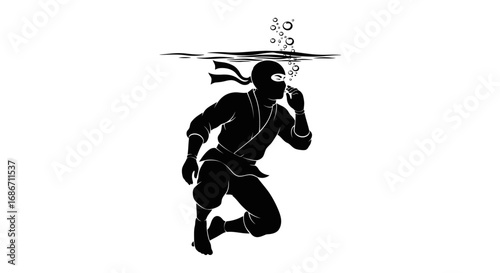 submerged ninja stealth, silence, and underwater mission, isolated on transparent background
