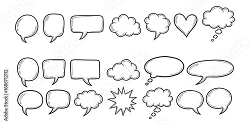 Assorted Black and White Hand- Drawn Speech Bubbles and Clouds Keywords: speech bubbles, thought