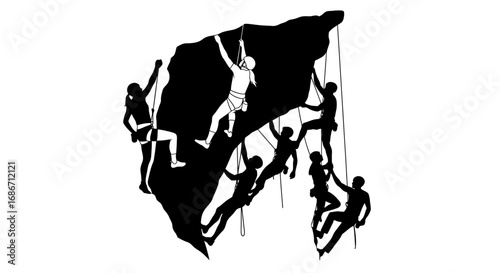 teamwork conquers the rockface a silhouette of climbers triumph, isolated on transparent background