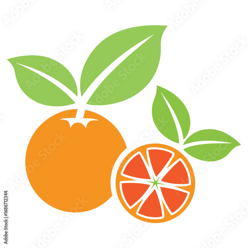 Orange fruit with leaves and slice on white background leaf green