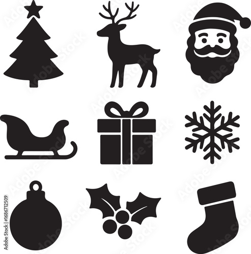 Christmas icons set with tree gifts animals and holiday illustrations