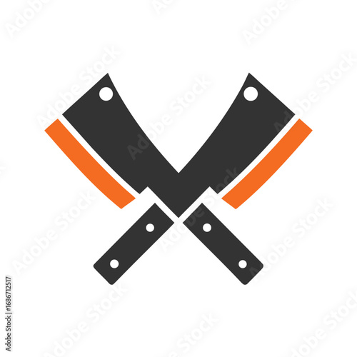 Two Crossed Meat Cleavers With Orange Accents On White Background knife butcher