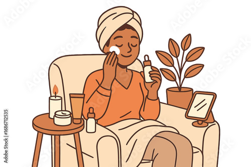 Woman enjoying self-care skincare routine at home. Girl applying cosmetic serum for facial treatment. Concept of beauty, wellness, hygiene, relaxation and dermatology. Vector.