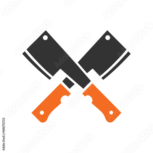 Two Crossed Meat Cleavers with Orange Handles knife butcher