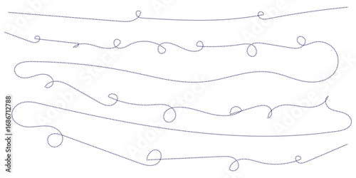 Hand drawn curve dotted line. Curly dotted line. Long dashed hand drawn squiggle. Dotted spiral curve line. Vector illustrator