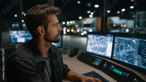 Logistics professional in dimly lit control room, multiple digital screens showing real-time fleet tracking, glowing monitors reflecting focused face, large window reveals parked trucks 