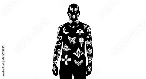 the inkscribed warrior a monochrome portrait of resilience and mystery, isolated on transparent background
