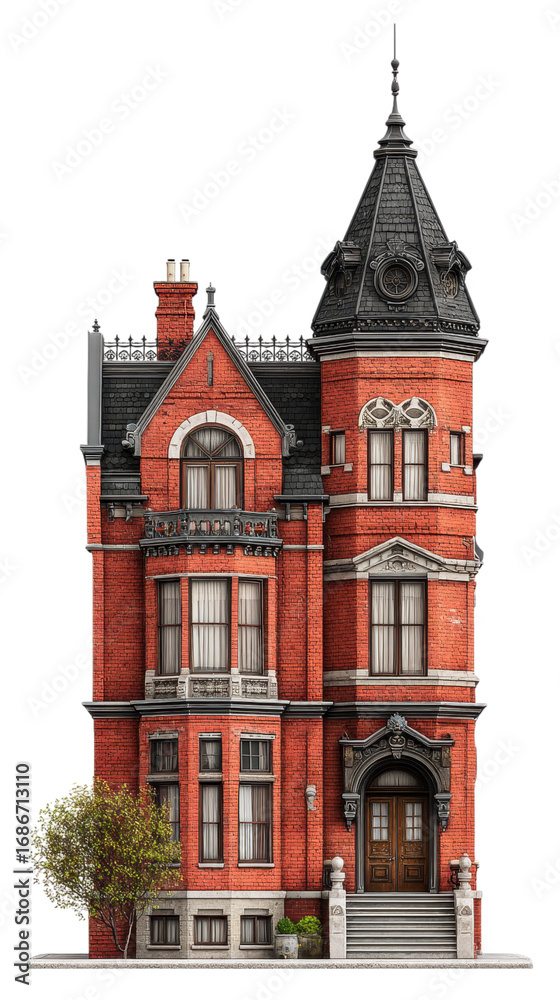 Obraz premium Elegant Victorian Red Brick Townhouse with Tower and Steeple Roof