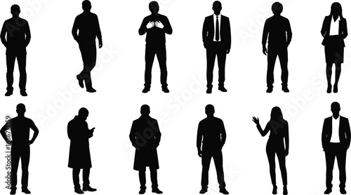 Group of business people silhouettes in formal wear, discussing documents, teamwork, corporate meeting, professional collaboration, communication, office environment vector