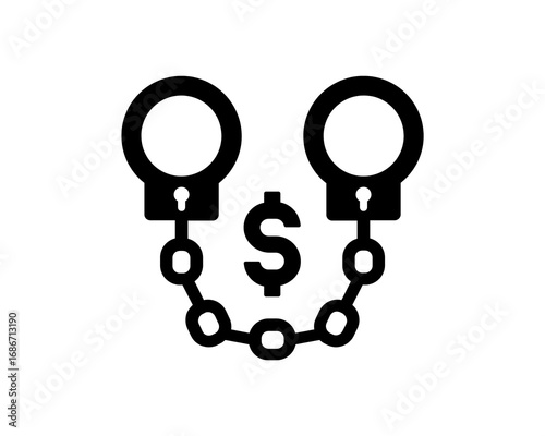 Symbolic illustration of financial burden and legal entanglement, depicting handcuffs chained to a dollar sign, representing debt, economic constraint, or the high cost of justice