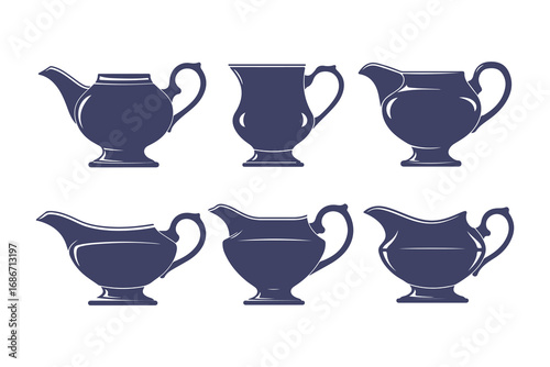 Gravy boat vector icon set. Collection of classic sauce boat illustrations in silhouette and outline styles.