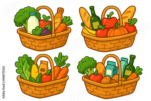 Grocery basket vector set with fresh food. Cartoon illustration of market produce, vegetables, fruit, bread, and milk. Healthy eating and shopping concept. Isolated icons.