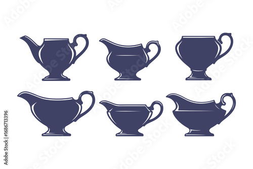 Gravy boat vector icon set. Collection of classic sauce boat illustrations in silhouette and outline styles.