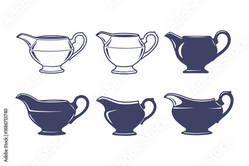 Gravy boat vector icon set. Collection of classic sauce boat illustrations in silhouette and outline styles.
