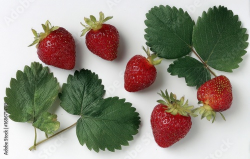 Strawberries and leaves arranged on a white surface, showcasing the vibrant red fruit and green foliage in a simple, natural composition