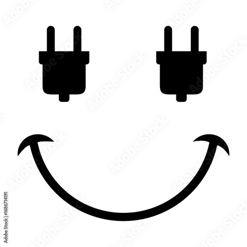 Logo energía eléctrica. Silueta de emoticono con cara con enchufes de conexión eléctrica como ojos y sonrisa