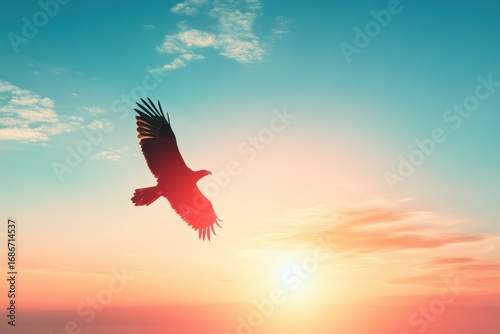 Majestic Eagle Soaring Through a Vibrant Sunset Sky: A Symbol of Freedom and Hope