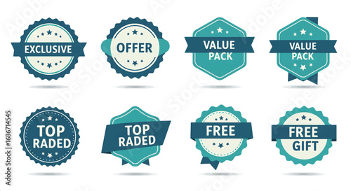 Eight Teal and White Promotional Badges with Various Offers.