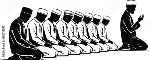 Group of Muslim men praying in congregation, Islamic worship, spiritual devotion, traditional attire, peaceful faith, religious silhouette vector