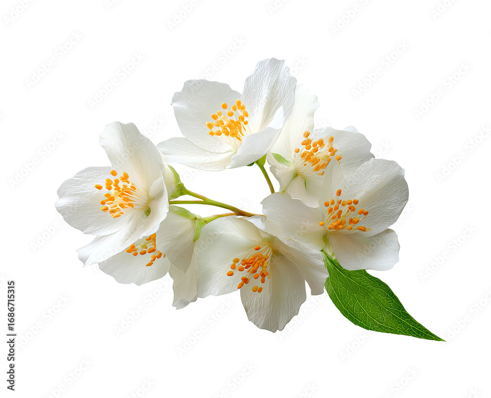 Obraz premium Close-up of a cluster of delicate, white jasmine flowers. Four blossoms are fully open, showcasing soft, creamy white petals with a hint of yellow centers. 