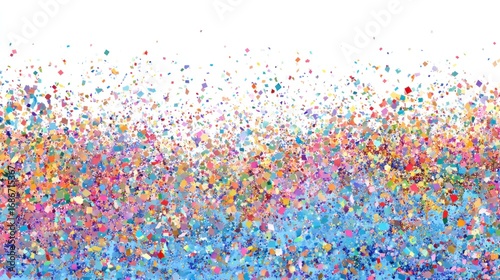 A vibrant explosion of pastel-hued particles transitions from light blues at the bottom to a mix of pinks, oranges, and yellows, scattered against a white backdrop