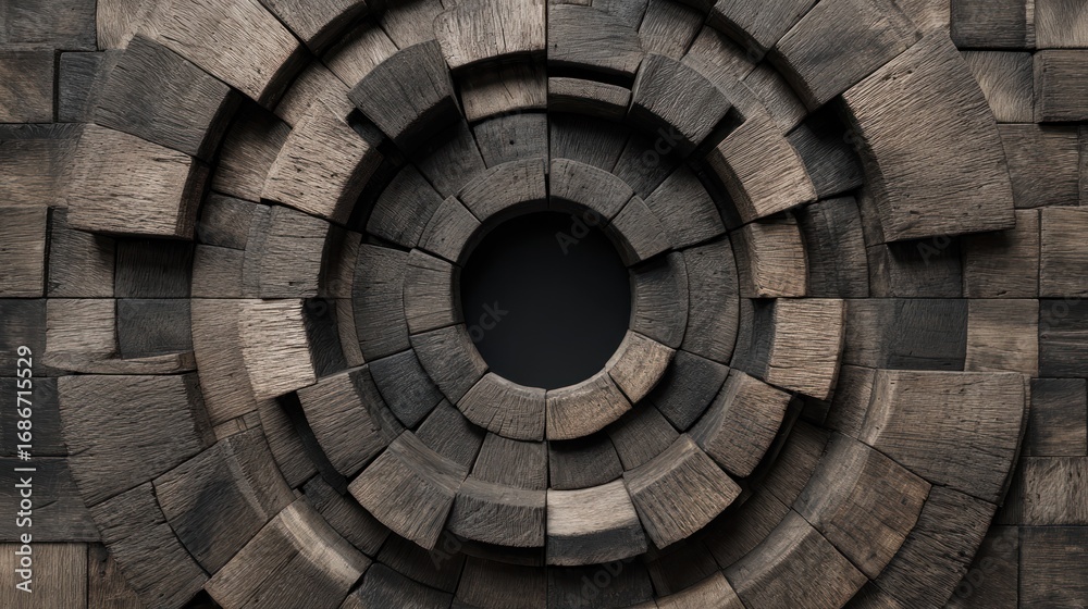 Naklejka premium Wooden Vortex. Stacked blocks of wood form concentric circles around a void, creating a dimensional design with shades of dark brown and grey tones