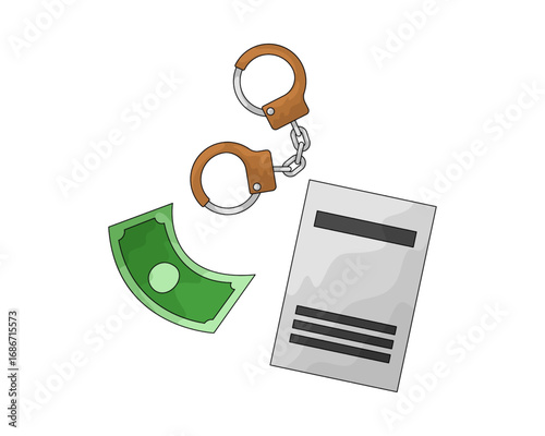 Justice Concept Handcuffs, Money, and Document Depicting Crime and Legal Consequences